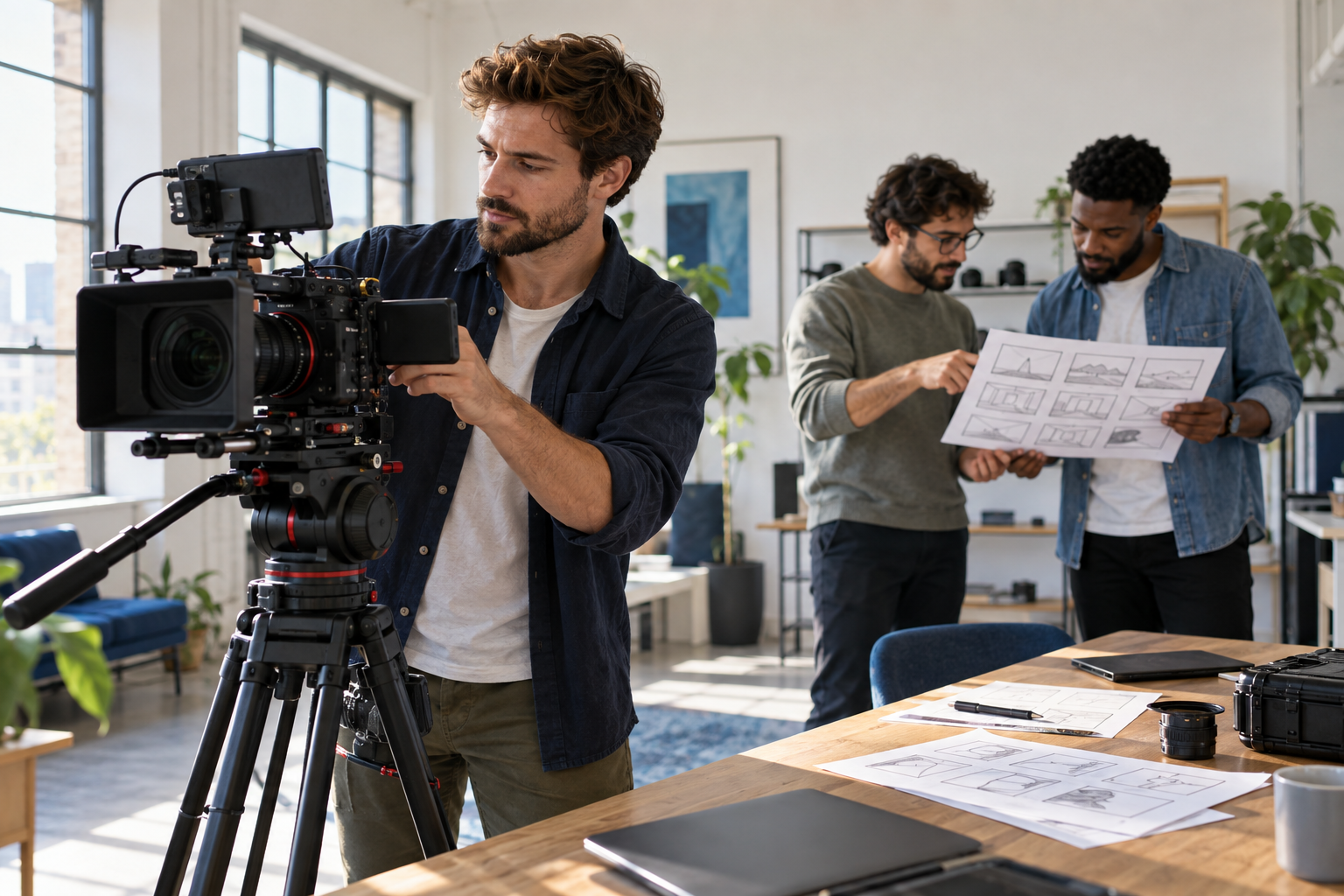 Illustrative scene of male content creators preparing a video in a studio